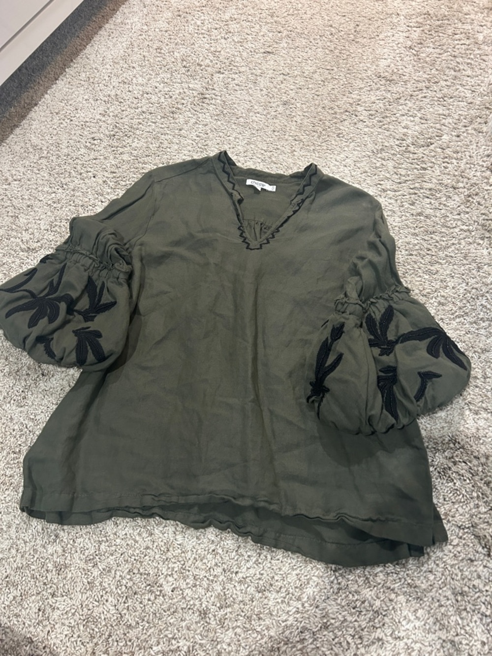 Chico’s Olive Green Embroidered Beaded Puff-Sleeve Women's Top